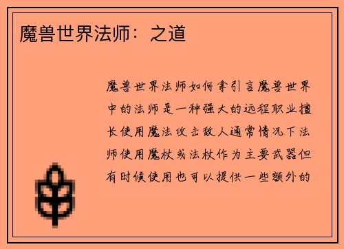 魔兽世界法师:之道